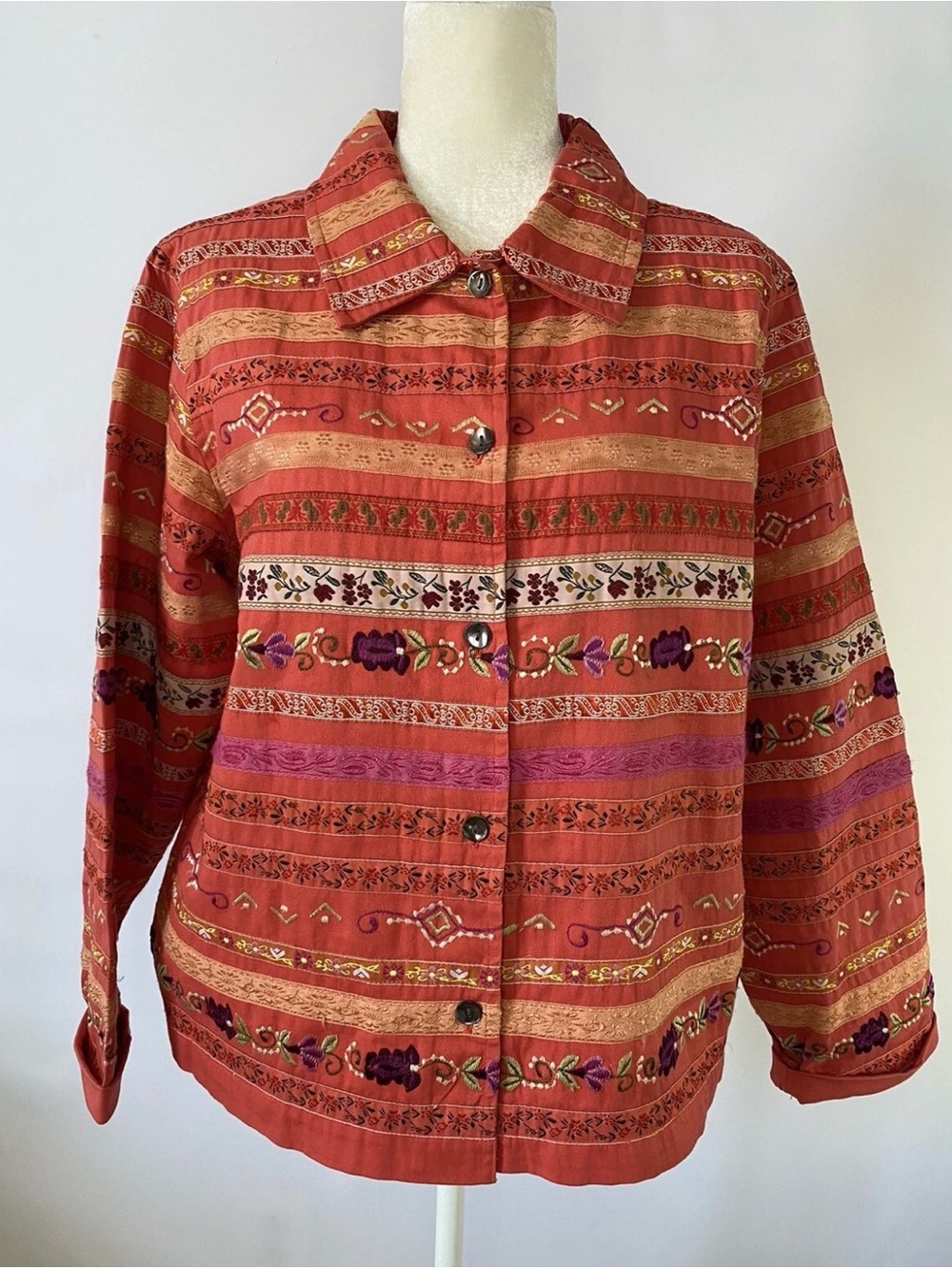 Classic Elements Rust and Purple Striped Embroidered Button-Down Shirt